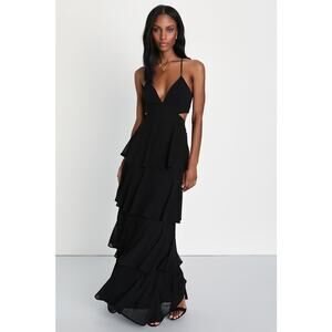 NWT Lulus Tier and Now Black Tie-Back Tiered Maxi Dress Wedding Prom Bride Sz L